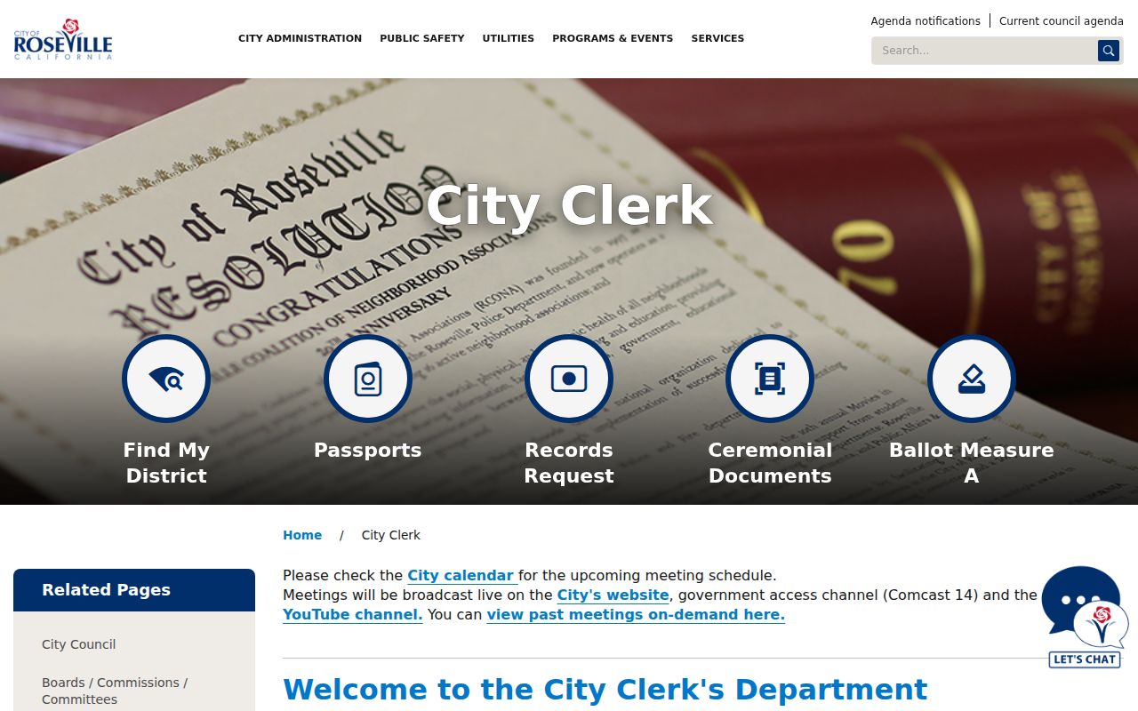 Roseville people search using the City Clerk records page