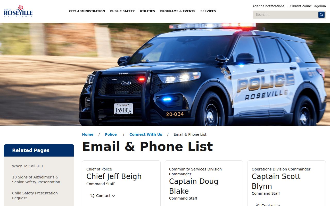 Roseville people directories police staff contact list