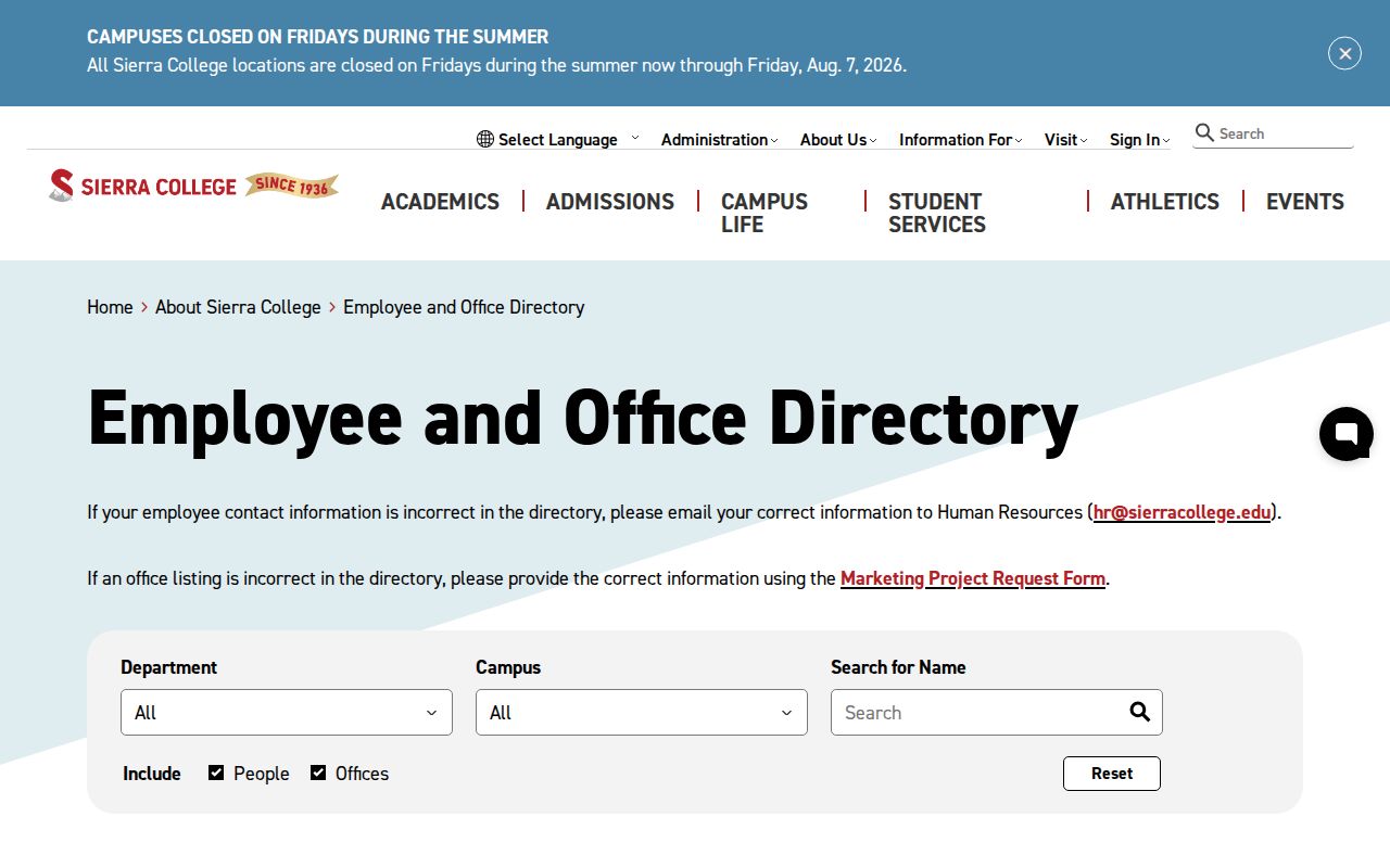 Roseville people directories Sierra College employee and office search