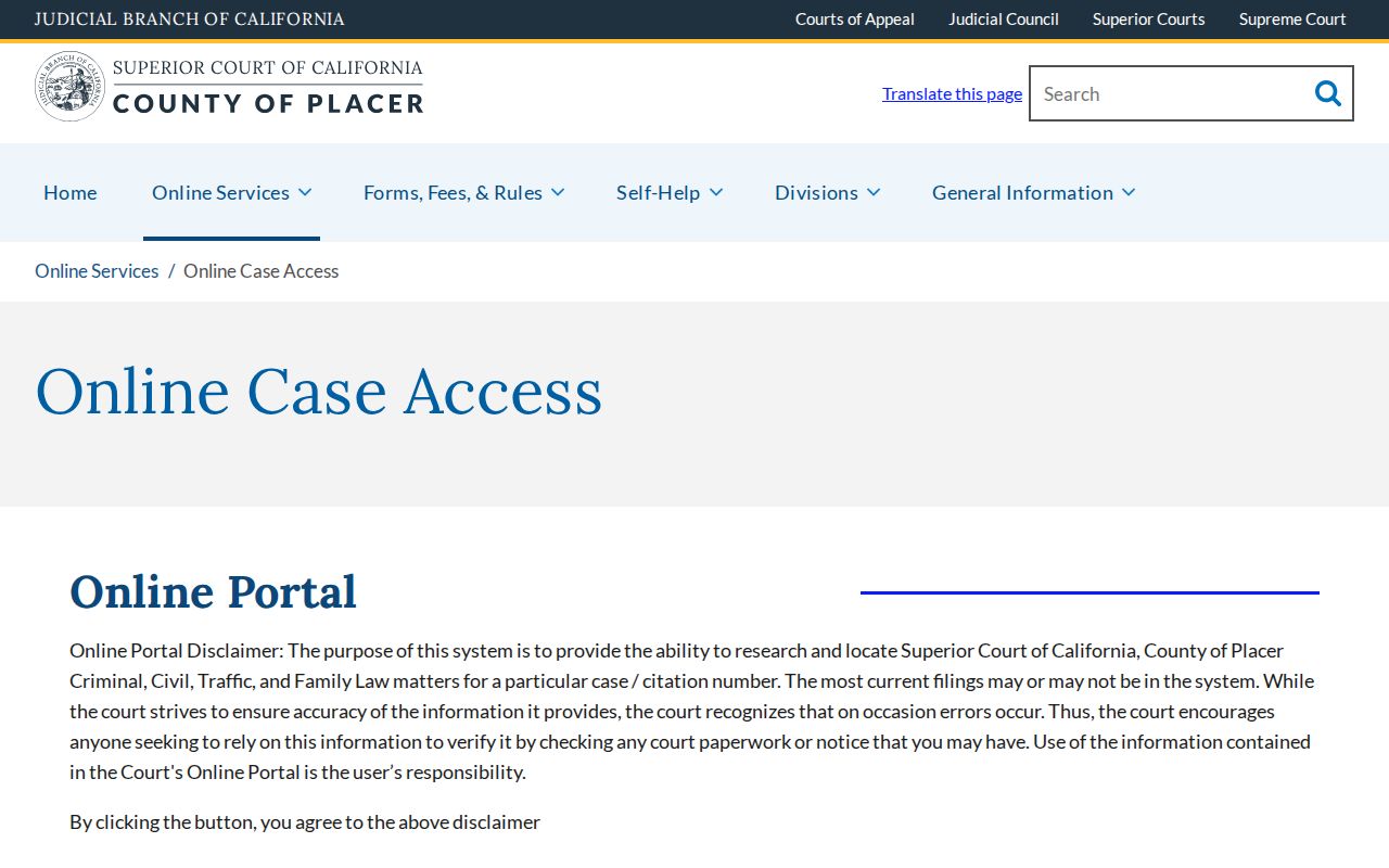 Roseville public records access through Placer Superior Court case search