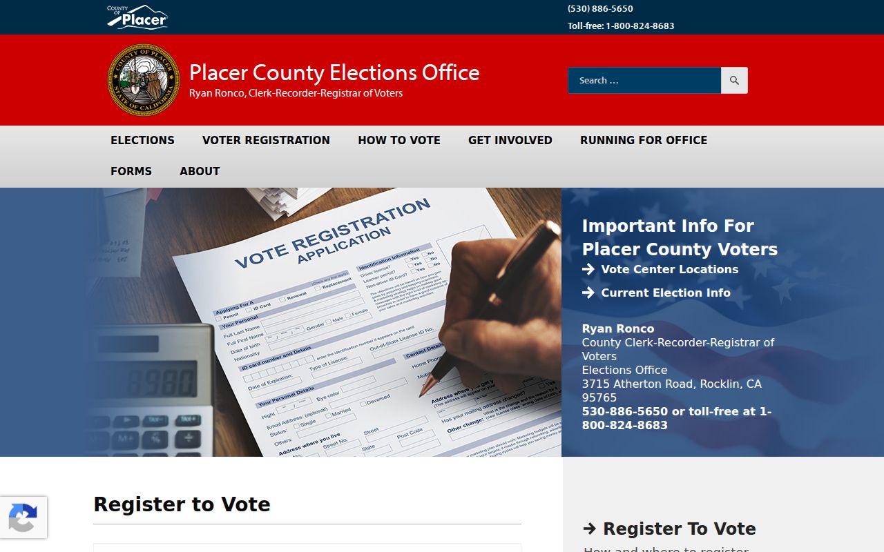 Roseville voter registration records and registration options on the Placer County page